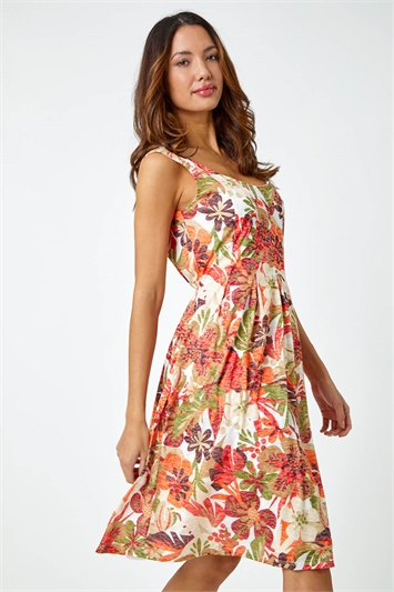 Red Sleeveless Tropical Pleated Stretch Dress