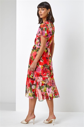 Red Floral Print Wrap Midi Dress, Image 2 of 4