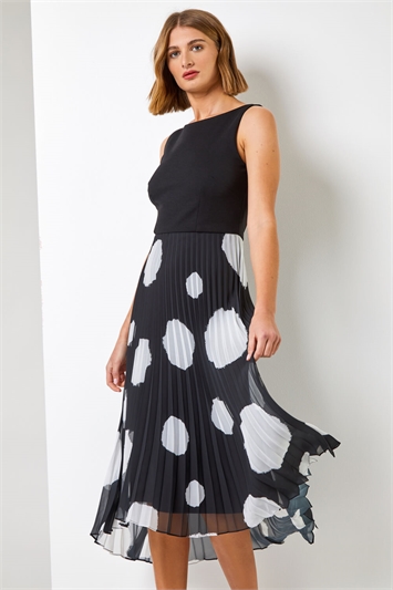 Black Contrast Spot Print Fit & Flare Dress, Image 2 of 4