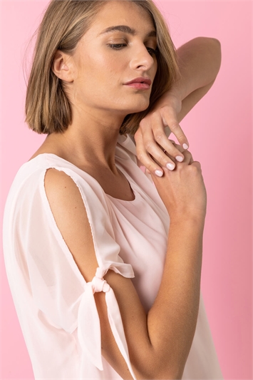 Light Pink Chiffon Layered Tie Detail Top With Necklace, Image 4 of 4