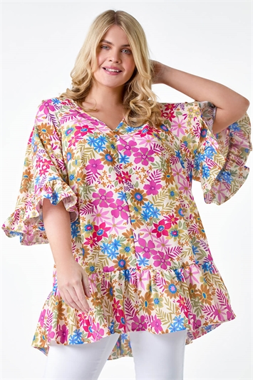 Pink Curve Floral Print Frill Detail Top