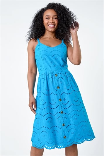 Blue Petite Cotton Broderie Button Dress