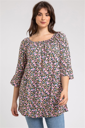 Pink Curve Ditsy Floral Frill Sleeve Top