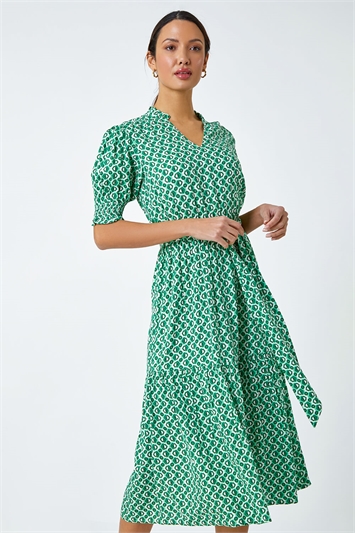 Green Geometric Tiered Belted Midi Dress
