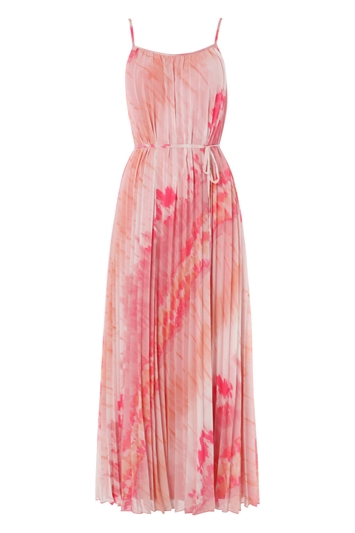 Pleated Tie Dye Effect Maxi Dress in Pink - Roman Originals UK