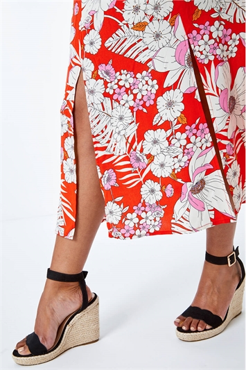 Red Petite Tropical Floral Midi Skirt, Image 5 of 5