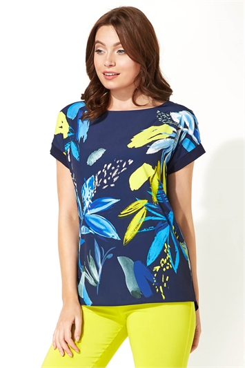 Navy Abstract Leaf Print Stretch T-Shirt, Image 1 of 7