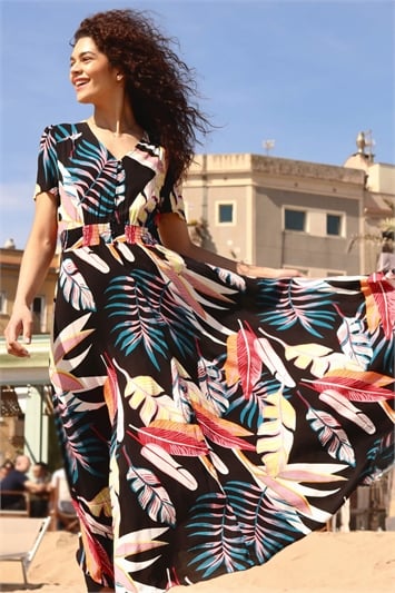Black Tropical Palm Shirred Waist Maxi Dress