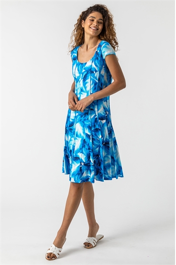 Turquoise Leaf Print Panel Dress, Image 3 of 5