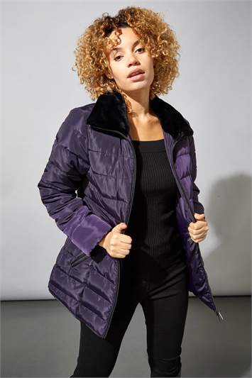 Purple Short Zip Through Padded Coat, Image 3 of 4