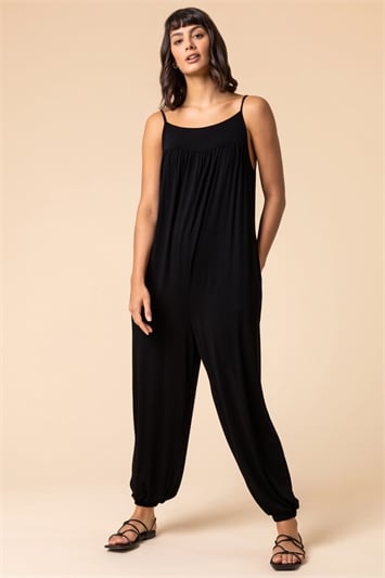 Black Strappy Full Length Jersey Jumpsuit