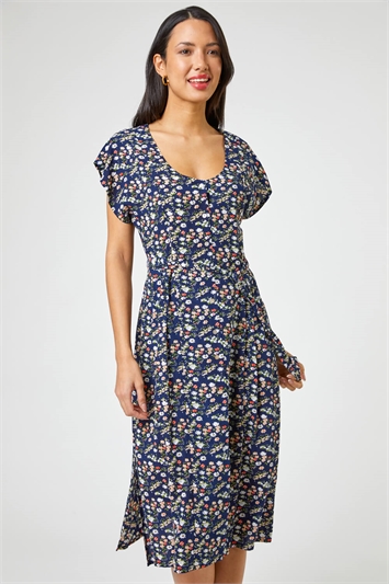 Blue Floral Print Button Belted Midi Dress