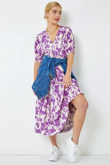 Purple Floral Tiered Midi Smock Dress