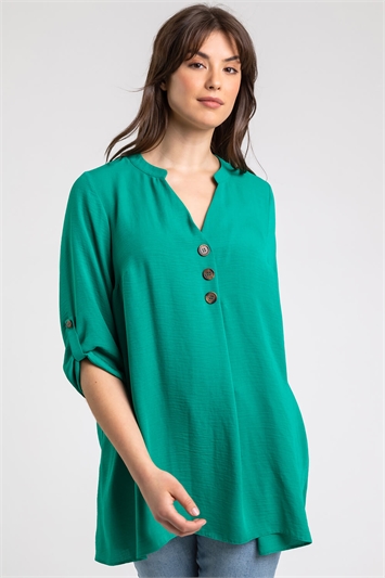 Green Curve Button Detail Tunic Top