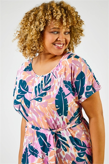Pink Curve Tropical Leaf Print Maxi Dress, Image 4 of 5