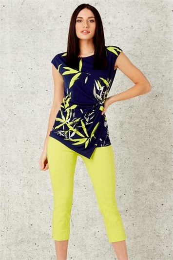 Navy Tropical Print Ruched Stretch Top, Image 1 of 5