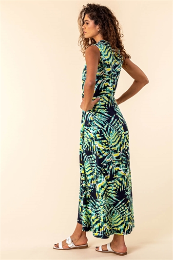 Navy Palm Print Twist Waist Maxi Dress, Image 2 of 4