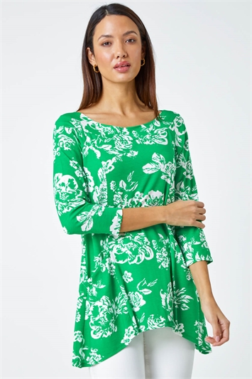 Green Floral Print Swing Stretch Top