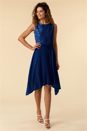 Navy Petite Lace Detail Fit And Flare Dress
