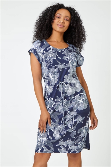 Blue Petite Floral Print Stretch Dress