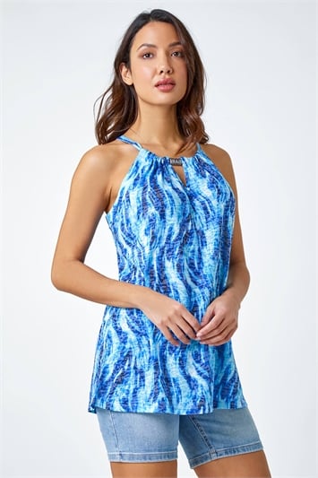 Blue Abstract Print Halter Neck Top
