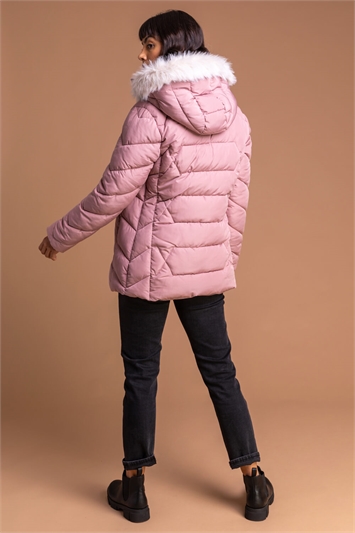 Light Pink Faux Fur Trim Hooded Coat, Image 3 of 5