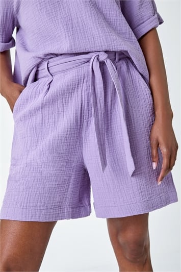Purple Textured Elastic Tie Waist Cotton Shorts