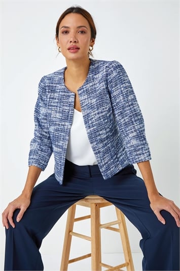 Blue Collarless Cropped Boucle Jacket