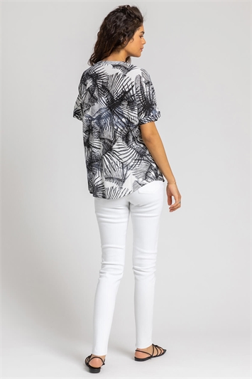 Roman Tropical Palm Print V-Neck Top in Steel Blue