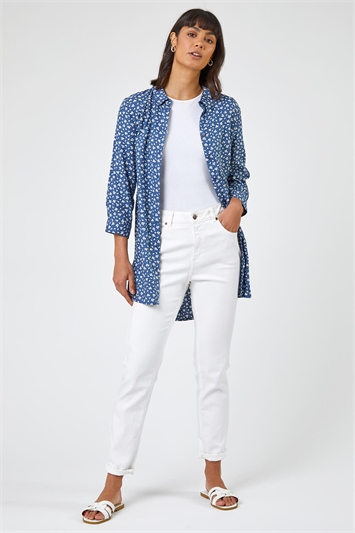 Blue Ditsy Floral Print Belted Blouse, Image 3 of 6