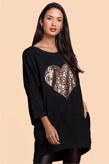 Black One Size Foil Henna Heart Lounge Top