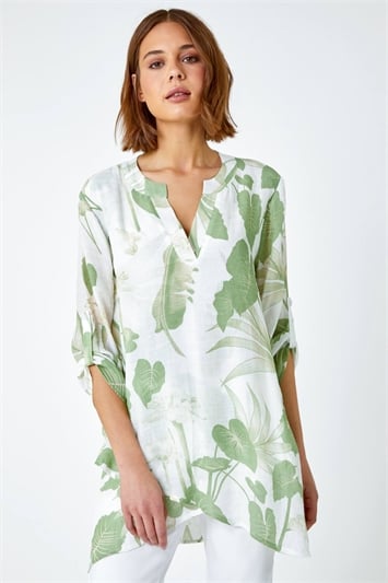 Green Palm Print Wrap Hem Tunic Top