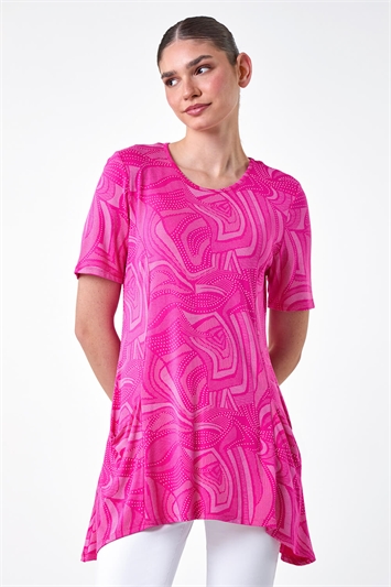Pink Abstract Spot Pocket Stretch Tunic Top