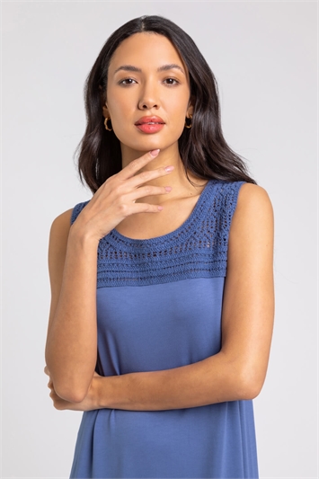 Blue Crochet Yoke A-Line Jersey Dress, Image 3 of 4