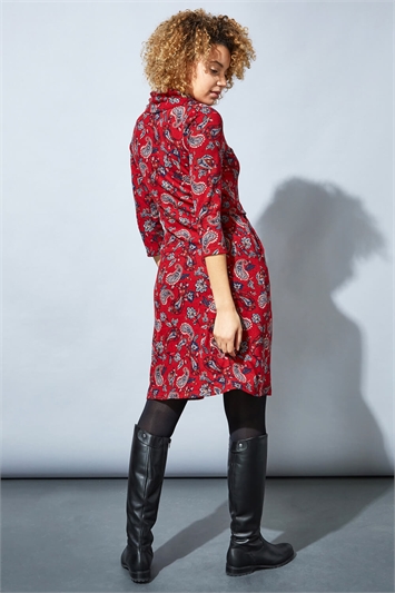 Red Paisley Print Cowl Neck Dress, Image 3 of 4