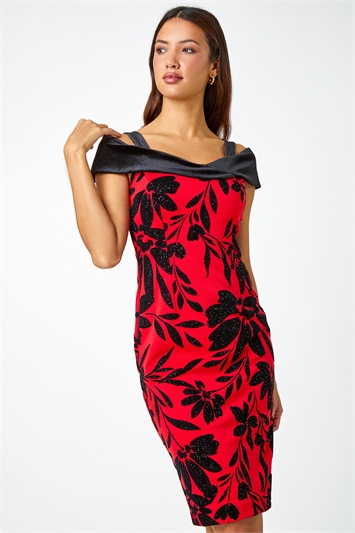 Red Flocked Floral Premium Stretch Dress