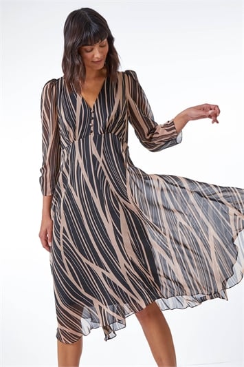 Black Abstract Chiffon Wrap Asymmetric Midi Dress