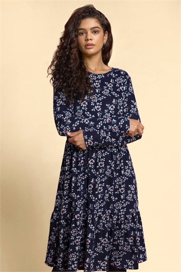 Navy Floral Print Tiered Dress