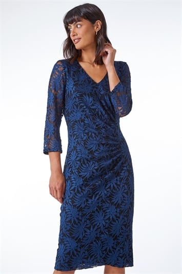 Blue Palm Print Ruched Lace Dress
