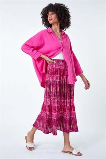 Pink Crinkle Cotton Metallic Foil Midi Skirt