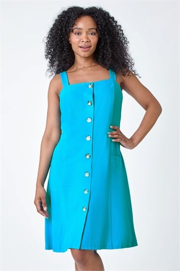 Blue Petite Button Front Pocket Dress