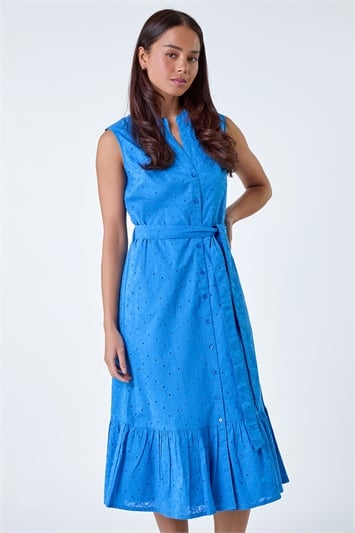 Blue Petite Cotton Broderie Frill Midi Dress