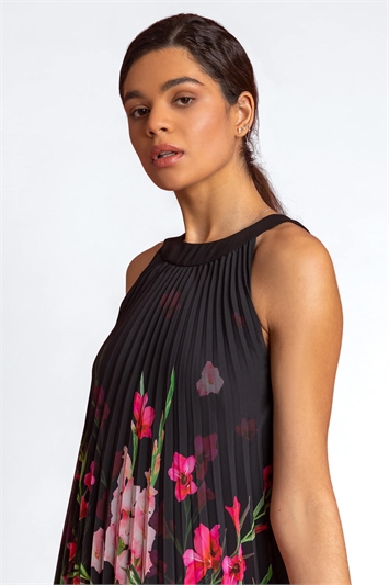 Black High Neck Floral Pleated Swing Dress, Image 4 of 4