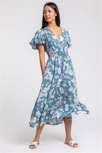 Blue Floral Print Tiered Midi Dress, Image 3 of 4