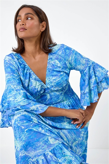 Blue Abstract Ruffle Detail Shirred Maxi Dress
