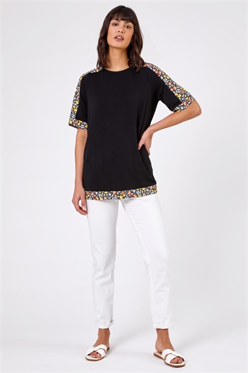 Black Floral Print Contrast Jeresey Top, Image 2 of 4