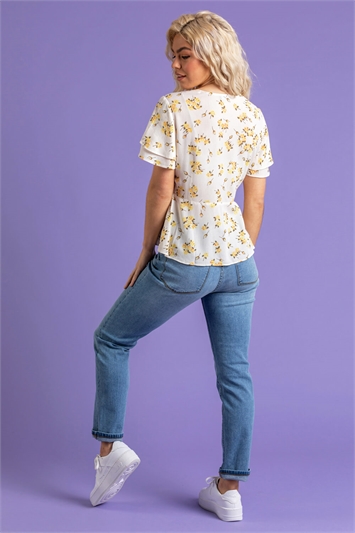 YELLOW Floral Print V-Neck Blouse, Image 3 of 5