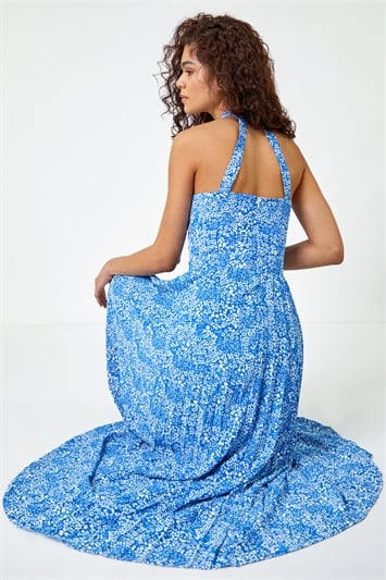 Blue Ditsy Floral Halter Neck Maxi Dress
