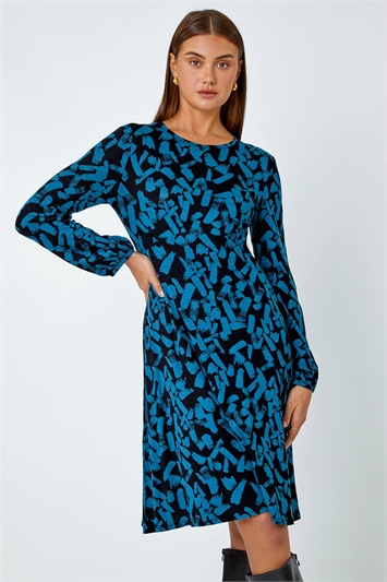 Blue Abstract Print Swing Stretch Dress