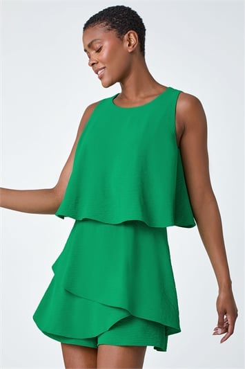 Green Textured Plain Tiered Playsuit